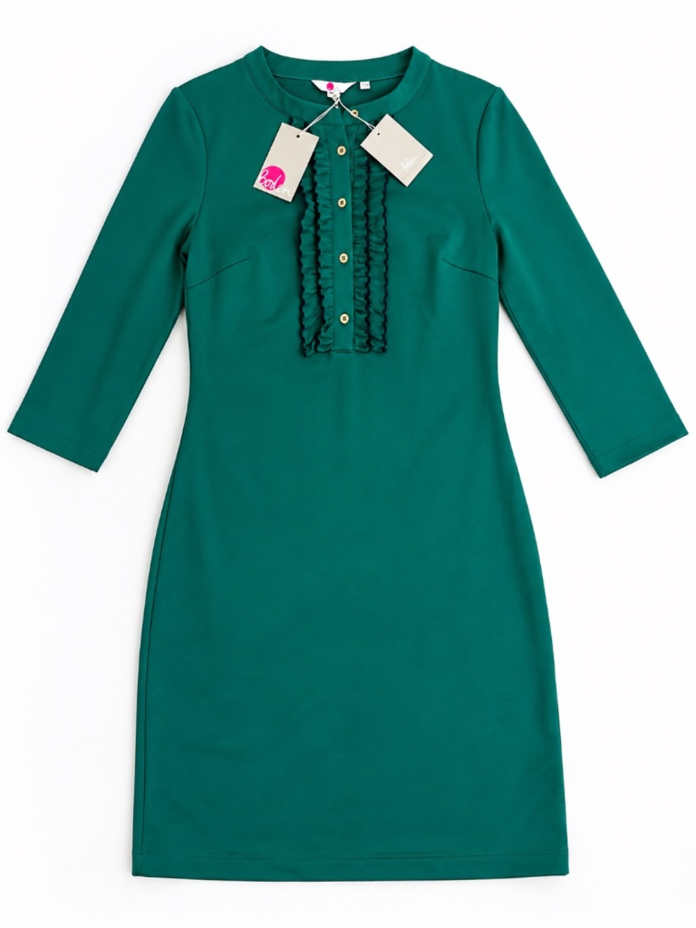 Boden Teal Green Navy Trim Ruffle Tie Neck Midi Stretch Sheath Dress.